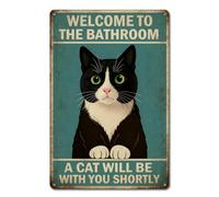 Funny Cat Bathroom Sign for Cat Lovers - "A Cat Will Be With You Shortly" Vintage Wall Art, Unique Gift 8x12 Inch (2907)