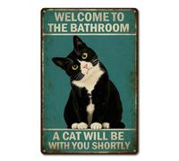 Funny Cat Bathroom Sign for Cat Lovers - "A Cat Will Be With You Shortly" Vintage Wall Art, Unique Gift 8x12 Inch (2908)