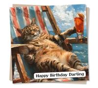 Funny Cat Birthday Card - Cat Relaxing on Sun Lounger With A Drink - Happy Birthday Darling - For Cat or Kitten Lovers