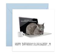 Funny Cat Birthday Card for Men Women - “Locked Out” Design - Hilarious Logging In Joke fo Cat Lovers, Him, Her, Son, Daughter, Friend, Colleague, WFH, Coworker - Typo - Blue Envelope