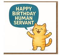 Funny Cat Birthday Card - 'Happy Birthday Human Servant' - Cute Ginger Tabby Cartoon from the Cat, Perfect for Owners, Friends, Him or Her