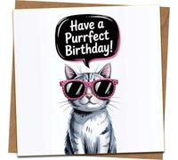 Funny Cat Birthday Card - “Have a Purrfect Birthday” - 145mm x 145mm Square Greeting Card with Kraft Envelope, Cute Pun, For Him Her Friends Adults Kids