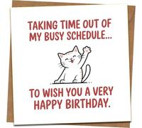 Funny Cat Birthday Card - Taking Time Out of My Busy Schedule Cute Waving Kitten Design, 145mm x 145mm, Includes Kraft Envelope, For Him Her Friend Mom Dad