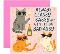Funny Cat Birthday Cards for Women, Classy Sassy and Bad Assy, Cute Design for Her - Bestie, BFF, Daughter - Square, Blank Inside with Premium Envelope