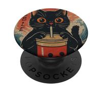 Funny Cat Bubble Tea Graphic Tee Japanese Kawaii Anime Cat PopSockets Adhesive PopGrip