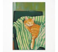 Funny Cat Canvas Wall Art, Emerald Green and Orange Poster, Cat Sleeping on Couch Portrait Painting, Cute Stripe Kitten Art Print, Contemporary Animal Artwork for Bedroom Wall 12x16in Unframed