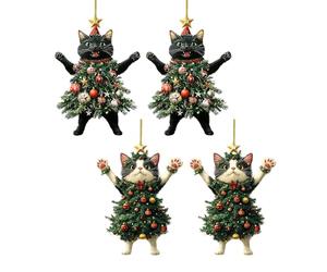 Funny Cat Christmas Ornaments, 4 Pack Cat Christmas Ornaments, 2D Acrylic Kitten Decoration On C-Hristmas Tree, Car Rearview Mirror Backpack Pendant For Doors Cars Bags