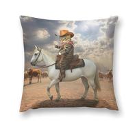 Funny Cat Cowboy Cat Riding Horse Decorative Throw Pillow Covers 18x18 Inch Farmhouse Cushion Cover Plush Pillow Case for Couch Sofa Bed Outdoor Home Decor