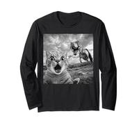 Funny Cat Dinosaur Selfie Meme | Shocked Cat Vs T Rex Long Sleeve T-Shirt