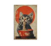 Funny Cat Eating Noodles Wall Art Vintage Asian-Inspired Ramen Poster Print Kitchen Dining Room Whimsical Animal Artwork Cat Lovers Playful Food-Themed Home Decor Painting Gift 16x24inch Unframe