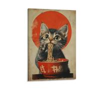 Funny Cat Eating Noodles Wall Art Vintage Asian-Inspired Ramen Poster Print Kitchen Dining Room Whimsical Animal Artwork Cat Lovers Playful Food-Themed Home Decor Painting Gift 08x12inch Frame