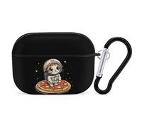 Funny Cat Flying A Pizza Astronaut Bluetooth Earphone Case Compatible with Airpods Pro Hard Protective Case with Keychain