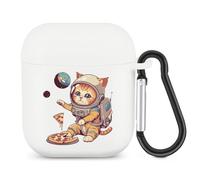 Funny Cat Flying A Pizza Astronaut Bluetooth Headset Cover Earbuds Case TPU Headphone Protective Compatible with Airpods 1/2 White-Color
