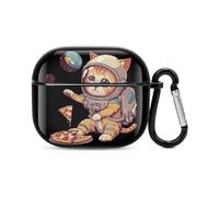 Funny Cat Flying A Pizza Astronaut Bluetooth Headset Cover Hard Shell Earbuds Case Protective Cover Compatible with Airpods 3