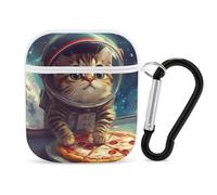 Funny Cat Flying A Pizza Astronaut Earphone Case Cover Compatible with AirPods 1&2 Shockproof Bluetooth Headset Case White-style