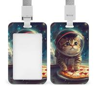 Funny Cat Flying A Pizza Astronaut ID Badge Holder with Lanyard Name Card Holders for Nurse Teacher Officer