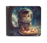 Funny Cat Flying A Pizza Astronaut Men's Bifold Wallet Slim Cash Card Holder Leather Purse