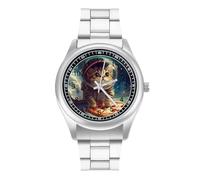 Funny Cat Flying A Pizza Astronaut Men's Casual Watch with Stainless Steel Strap Alloy Quartz Wrist Watches