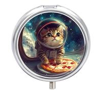 Funny Cat Flying A Pizza Astronaut Pill Box 3 Compartment Small Portable Medicine Case Pill Organizer for Pocket Purse