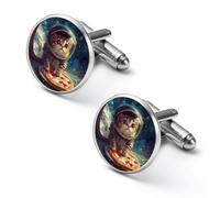 Funny Cat Flying A Pizza Astronaut Shirt Cufflinks Round Cuff Links for Business Wedding Party Father's Day Gift 1.7cm