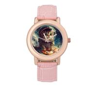 Funny Cat Flying A Pizza Astronaut Womens Elegant Watch Analogue Quartz Watch Leather Band Wristwatch