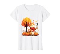Funny Cat Holding Iced Coffee Under Fall Tree Autumn Season Value Graphic T-Shirt, Women, White, S