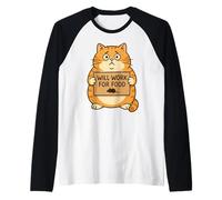 Funny Cat Kitten Will Work for Food Quote Gift Men Women Kid Raglan Baseball Tee