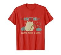 Funny Cat Knitting Because Murder is Wrong I Knitting Lover T-Shirt, Men, Red, Medium