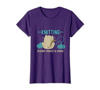 Funny Cat Knitting Because Murder is Wrong I Knitting Lover T-Shirt, Women, Purple, X-Large