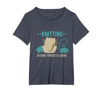 Funny Cat Knitting Because Murder is Wrong I Knitting Lover T-Shirt, Women's Plus, Heather Blue, 4X