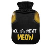 Funny Cat Meow Black Hot Water Bottle with Soft Cover Hot Water Bag for Neck and Shoulder Pain Relief