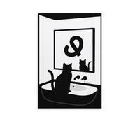 Funny Cat Mirror Wall Art Minimalist Black And White Bathroom Cat Poster Quirky Animal Reflection Print for Modern Restroom Or Vanity Room Decor Gift 12x18inch Unframe