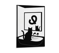 Funny Cat Mirror Wall Art Minimalist Black And White Bathroom Cat Poster Quirky Animal Reflection Print for Modern Restroom Or Vanity Room Decor Gift 12x18inch Frame