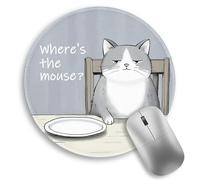Funny Cat Mouse Pad, Grey Small Round Mouse Pads for Desk, Mini Travel Mousepad for Wireless Computer Laptop, Office Desk Accessories, Where's The Mouse