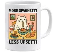 Funny Cat Mug More Spaghetti Less Upsetti | Novelty Gift for Pasta Lovers and Foodies | Cute Coffee Cup for Friends Family Colleagues | White Ceramic 11oz Dishwasher & Microwave Safe