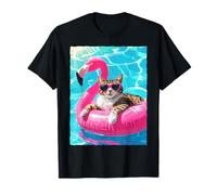 Funny Cat Pink Flamingo Pool Float Heart Sunglasses Summer T-Shirt