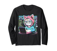 Funny Cat Programmer Coding Laptop Hacker Aesthetic Long Sleeve T-Shirt