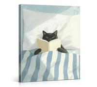 Funny Cat Reading Wall Art Print - Cozy Cat in Bed Canvas Poster Picture - Cute Animal Book Lover Gift Wall Decor for Home Bedroom Canvas Framed 8x10 Inches