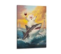Funny Cat Riding Shark Wall Art, Retro Whimsical Renaissance Fat Cat Hanging Paintings Poster, Humor Animal Fat Cats Vs Shark Canvas Painting, Aesthetic Vintage 24x36inch(60x90cm)