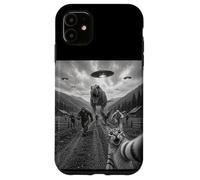 Funny Cat Selfie Bigfoot Running From T Rex And UFOs Case for iPhone 11