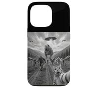 Funny Cat Selfie Bigfoot Running From T Rex And UFOs Case for iPhone 13 Pro