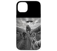 Funny Cat Selfie Bigfoot Running From T Rex And UFOs Case for iPhone 14 Plus