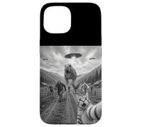 Funny Cat Selfie Bigfoot Running From T Rex And UFOs Case for iPhone 15