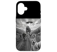Funny Cat Selfie Bigfoot Running From T Rex And UFOs Case for iPhone 16
