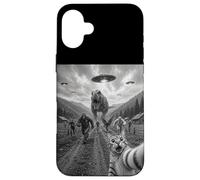 Funny Cat Selfie Bigfoot Running From T Rex And UFOs Case for iPhone 16 Plus
