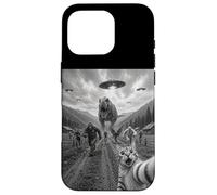 Funny Cat Selfie Bigfoot Running From T Rex And UFOs Case for iPhone 16 Pro