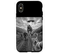 Funny Cat Selfie Bigfoot Running From T Rex And UFOs Case for iPhone X/XS