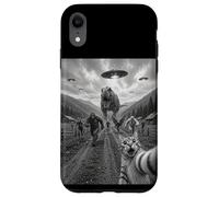 Funny Cat Selfie Bigfoot Running From T Rex And UFOs Case for iPhone XR
