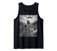 Funny Cat Selfie Bigfoot Running from T Rex and UFOs Tank Top