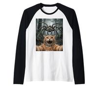 Funny Cat Selfie Giant Spider UFO Forest Encounter Raglan Baseball Tee
